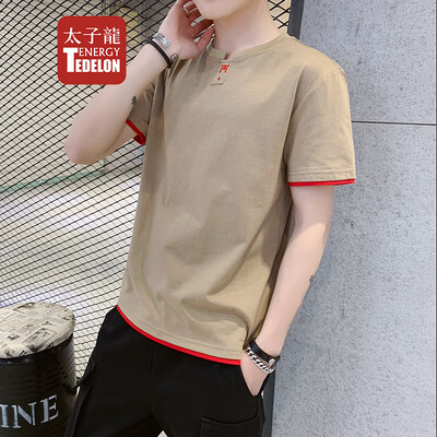 

Prince Edward TEDELON short-sleeved T-shirt male 2019 summer new round neck casual Slim simple stitching fake two-piece bottoming shirt mens clothes mens khaki 2005 3XL