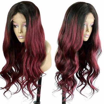 

Ombre Wavy 1B99J Front Lace Wig Glueless Brazilian Human Hair Virgin Lace Front Red Wig Dark Root With Baby Hair For Black Women