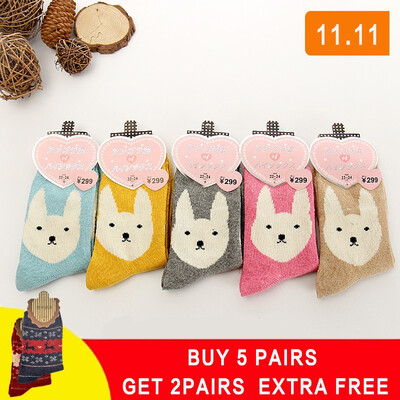 

5 pair Winter Women Socks Warm Wool Christmas Mid-calf Socks Woolen Snowflake Deer Comfortable Gift