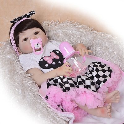

Lifelike 23 57cm Reborn Alive Dolls Full Body Silicone Baby Doll Toy For Childrens Day Festival Xmas Gifts Wear Checker Skirt