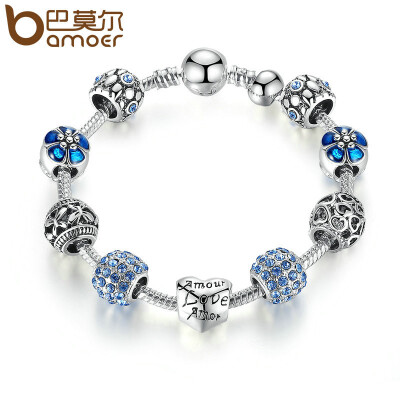 

BAMOER Antique Silver Charm Bracelet & Bangle with Love&Flower Beads Women Wedding Jewelry 4 Colors 18CM 20CM 21CM PA1455