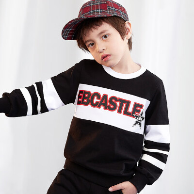 

One Beihuang City in the big boy cotton sports suit 2019 spring new boy sweater 2 sets of striped stitching shirt 1119113008 black 120cm