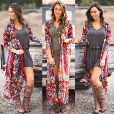 

Women Kimono Floral Print Open Front Three Quarter Sleeve Loose Long Boho Vintage Beach Cover Up Cardigan Burgundy