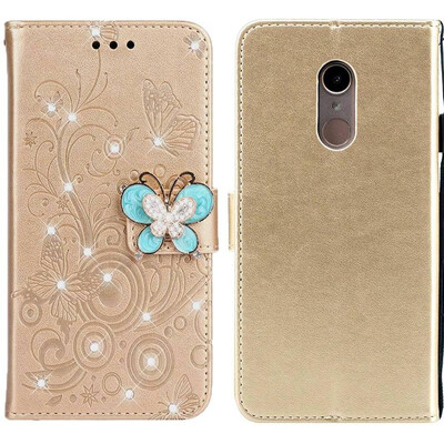 

MOONCASE Millet Red Rice 5 Butterfly Rhinestone Embossed Leather Case - Gold
