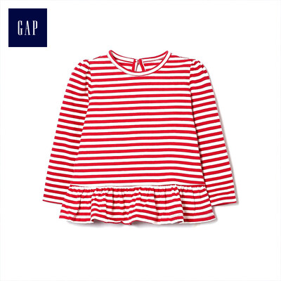 

GAP flagship store baby girl print round neck long sleeve decorative hem T-shirt 400141 red stripes 3-6M
