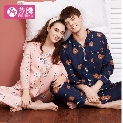 

Fen Teng 2019 spring&summer new products can be rabbits line friends Korean printing couple cotton long-sleeved home service ladies pajamas I980A11846 pink