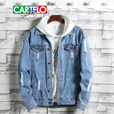 

Cartier crocodile CARTELO denim jacket men 2019 spring new Korean version of the irregular hole youth loose denim jacket male 01 light blue