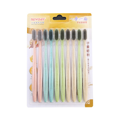 

10pcs Wheat Straw Soft Bamboo Charcoal Toothbrush Black Tooth Brush Oral Care For Kids And Adults