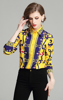

S M L XL vintage new autumn 2018 women blouse shirt long sleeve black gold digital flower print elegant office top lady