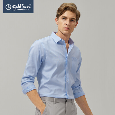 

Goldlion Goldlion 2019 spring new mens nano-free ironing comfortable&delicate plaid business gentleman Slim version long-sleeved shirt blue