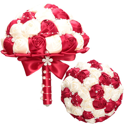 

18cm Artificial Wedding Brooch Bouquet Satin Rose Pearls Bridal Bouquet Wedding Supplies--Ivory White Red