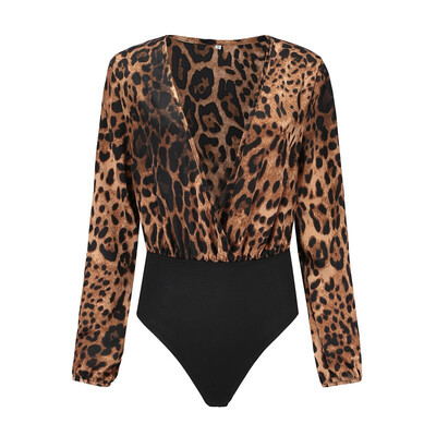 

Large size womens new sexy onesies Street deep V-neck leopard long-sleeved jumpsuit