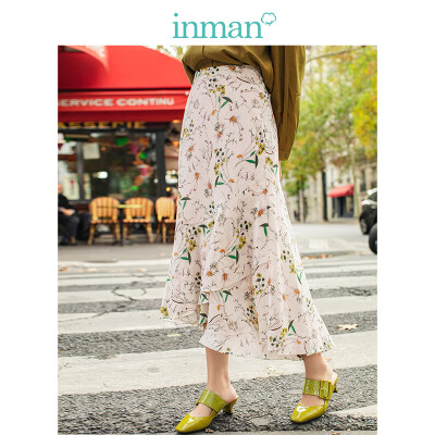 

INMAN 2019 spring new high waist was thin literary floral retro holiday wind casual A word half length skirt female 1891111494 meters white L