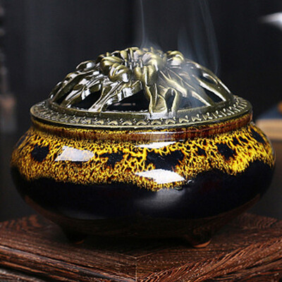 

Ceramic Ice Crack Porcelain Aromatherapy Diffuser Sandalwood Censer With Copper Cover For Buddhist Relax Porcelain Incense Burner