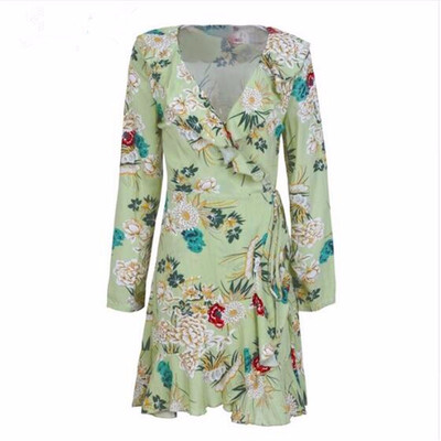 

Ruffle print wrap dress women Sexy v neck mini dress long sleeve summer dress Robo femme streetwear beach vestidos 2018