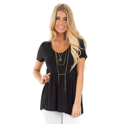 

Women Casual Solid T-shirt Ruffle Round Neck Short Sleeve Summer Large Size Tees Top Loose Blouse