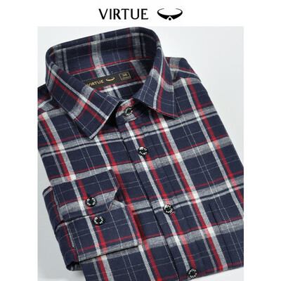 

Virtue rich cotton velvet plaid mens shirt 2019 spring new casual comfortable mens cotton sanded long-sleeved shirt FFC53034411 Navy blue 41