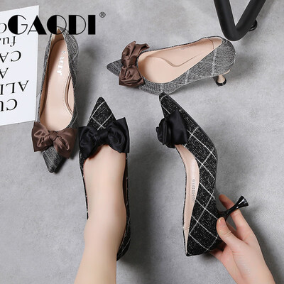 

Gauti lady pointed shallow mouth bow social wild commuter plaid stiletto high heels female plaid black 35
