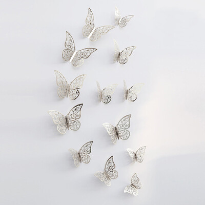

12pcsset 3D Butterfly Wall Stickers Removable Mural Stickers DIY Art Wall Decals Decor with Glue for Bedroom Wedding Party--Silve