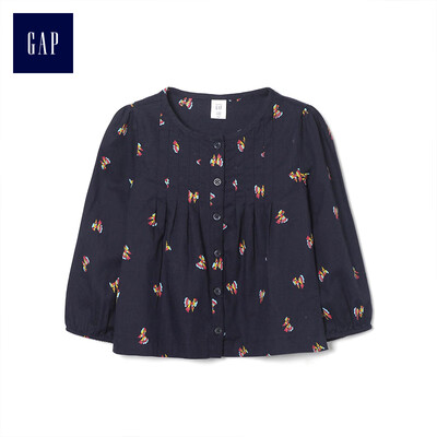 

GAP flagship store female young print pleated round neck long sleeve shirt 399240 fresh bean sand green 12-18M