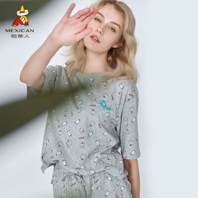 

Scarecrow lady pajamas summer loose thin section open short sleeve shorts home set cute cartoon home service female 80830 gray 160