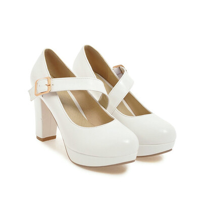 

IDIFU Womens Retro Round Toe Buckle Strap Chunky High Heels Platform Mary Jane Pumps Shoes