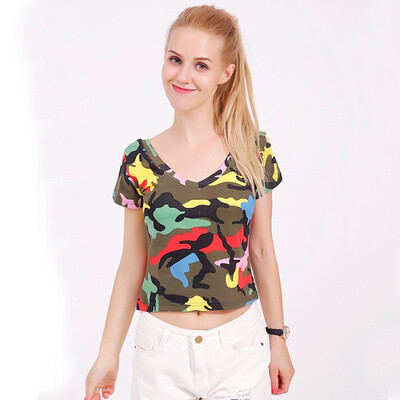 

Fashion knitted sweat cotton tshirt women summer v-neck t shirt female short sleeve crop tops tees print 2019 Lady t-shirt