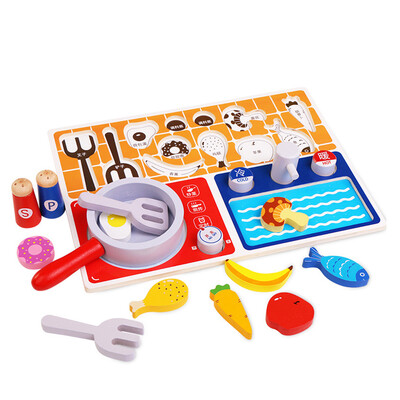 

Kitchen Cooking Kit Kids Pretend Play Toys 18 Pcs Wooden Cookware Fruits Vegetables Meat Microwave Oven Pot Playset Shape Sorter