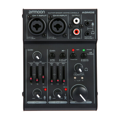 

ammoon AGM02 Mini 2-Channel Sound Card Mixing Console Digital Audio Mixer 2-band EQ Built-in 48V Phantom Power 5V USB Powered for