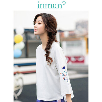 

INMAN 2019 spring new round neck literary embroidery split fork casual loose nine-point sleeve T-shirt female 1891021139 white S