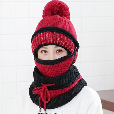 

Fashion Women Winter Beanies Knitted Hat Thickened Woolen Cap with Soft Warm Mask&Neck Scarf 3 Pieces Set