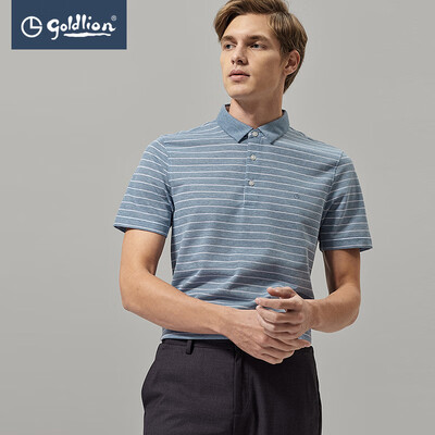 

Goldlion Goldlion 2019 Summer New Mens Cotton Blend Micro-elastic Comfort Stripe Lapel Short Sleeve T-Shirt Sky Blue M