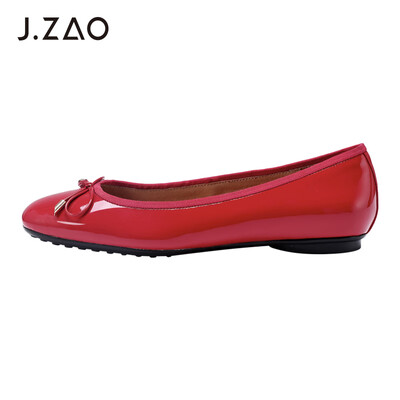 

Beijing Tokyo single shoes female bow ballet boat shoes female shallow mouth flat with round head cattle patent leather red 38