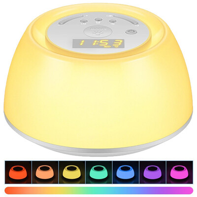

USB Rechargeable LED Wake Up & Sleep Aid Light Alarm Clock Sunrise Simulation Digital Clock Bedside Lamp with Colorful Night Light