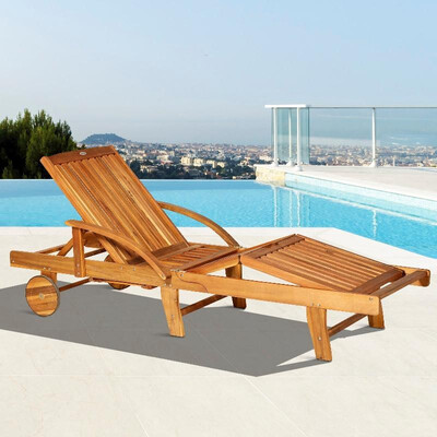 

Acacia Wood Folding Patio Sun Lounger with Wheels&Pull-Out Tray
