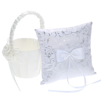 

7 7 inches White Satin Ring Bearer Pillow&Flower Girl Basket Wedding Decoration Supplies Set