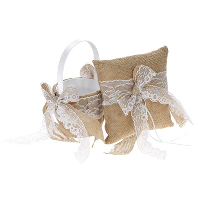 

7 7 inches Vintage Burlap Lace Bowknot Ring Bearer Pillow&Rustic Wedding Flower Girl Basket Set