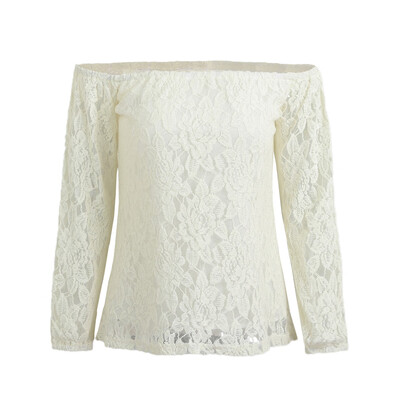 

Women Summer Lace Blouse Off Shoulder Slash Neck Crochet Tops Long Sleeve Shirts BeigeBlack