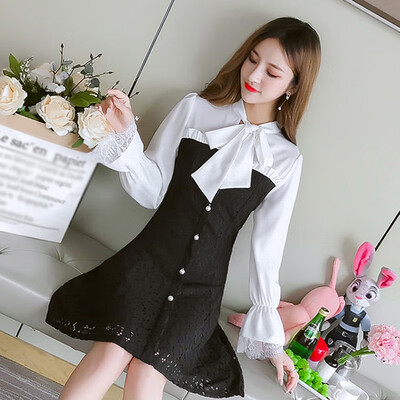 

JOY OF JOY Jingdong womens 2019 new Korean version of the temperament small fresh waist lace stitching fake two-piece dress female JWQZ191358 black M