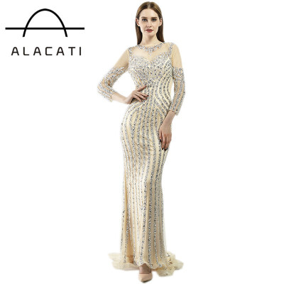 

Luxury Long sleeves Sexy Diamond Sequined Mermaid Evening Dresses Sparkly Evening Gown 2018 Real Photo