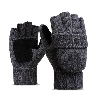 

Men Fleece Knitted Fingerless Mitten Exposed Warm Flip Half Finger Gloves Winter