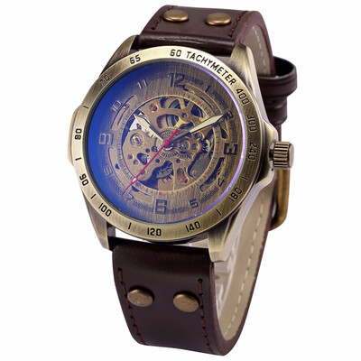 

SHENHUA Mens Retro Vintage Bronze Case Comfortable PU Leather Band Automatic Skeleton Wristwatch Excellent Skeleton Casual Steamp