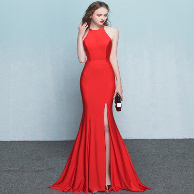 

Noble Simple Long Mermaid Evening Dress Fashion Slim Hanging Neck Solid Color Women Party Evening Dress Toast Dresses