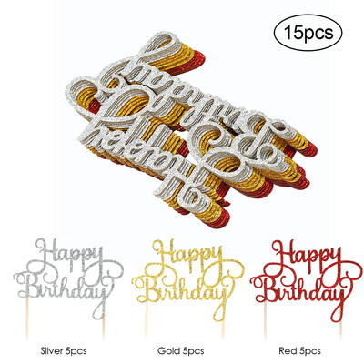 

15pcs Glitter Paper Happy Birthday Cake Topper Cupcake Dessert Decoration Supplies for Birthday Party Celebration--Mix Colors