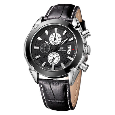 

Megir Branded New Fashion Man Watch Genuine Leather Band 3 Small Dials Quartz Wristwatch Analog Display Date Chronograph BlackBro