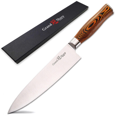 

8 Inch Chefs Knife Japanese Style Kitchen Cutlery Meat Cleaver High Carbon Stainless Steel Pakka Wood Handle Gift Box GRANDSHARP