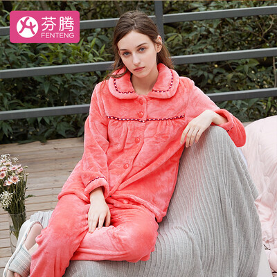 

Fenton coral velvet ladies pajamas simple&generous lapel cardigan home service suit pajamas women winter H9446536 watermelon red