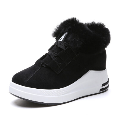 

Women Flat Platform Shoes with Fur High Top Lace-up Sneakers Winter Warm Solid Height Increasing Feamle Student Canvas Footwear