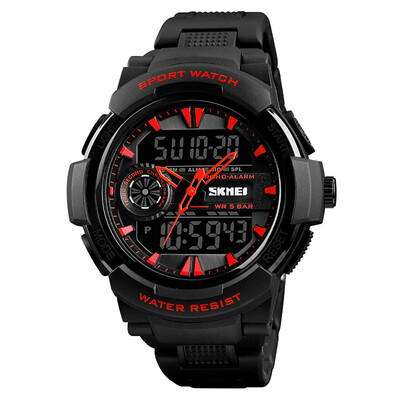 

SKMEI 1320 Men Quartz Fashion Casual Sports Wristwatch Dual Time Analog Digital Display Watch 5ATM Water Resistant Leather Strap B