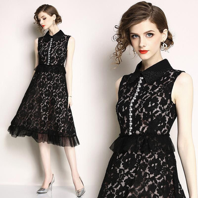 

S M L XL elegant new summer 2019 long lace dress women sleeveless black flower mid calf office lady
